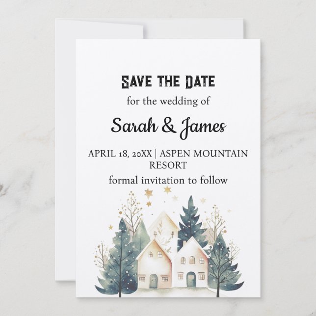 Holiday Kraft Suburb House Pine Tree Save the Date Invitation (Front)