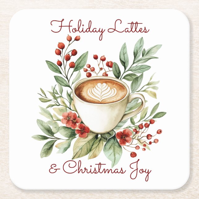 Holiday Lattes and Christmas Joy Customisable  Square Paper Coaster (Front)
