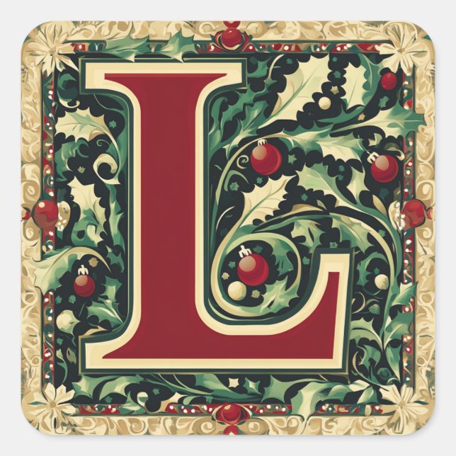 Holiday Letter L: Red and Green with Gold Square Sticker (Front)