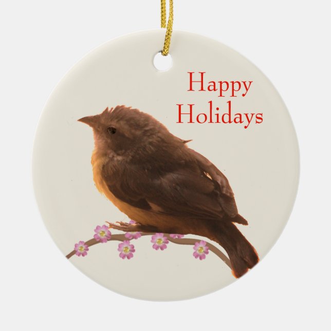 Holiday Little Bird on Beige Ceramic Tree Decoration (Front)