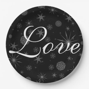 Holiday Love Black White Snowflakes Winter Wedding Paper Plate