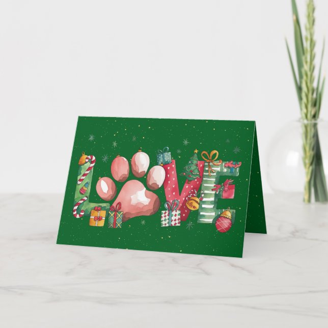 Holiday Love Pet Paw Merry Christmas Card Green (Front)