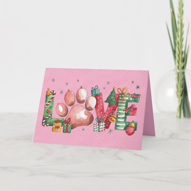 Holiday Love Pet Paw Merry Christmas Card Pink (Front)
