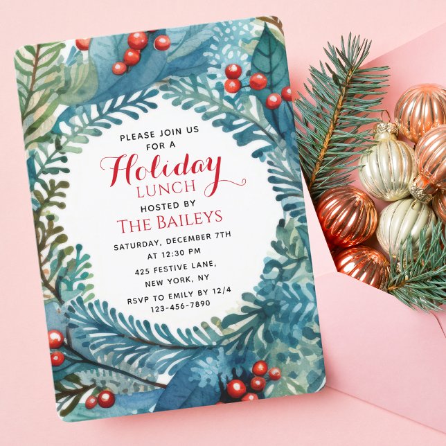 Holiday Lunch Elegant Christmas Floral Wreath Invitation (Creator Uploaded)