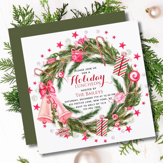 Holiday Luncheon Elegant Christmas Floral Wreath Invitation (Creator Uploaded)