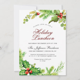 Holiday Luncheon Red Holly Berry  Christmas Invitation