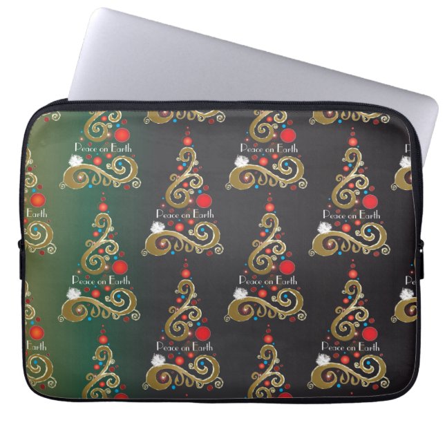 Holiday matte green gold Christmas tree pattern Laptop Sleeve (Front)