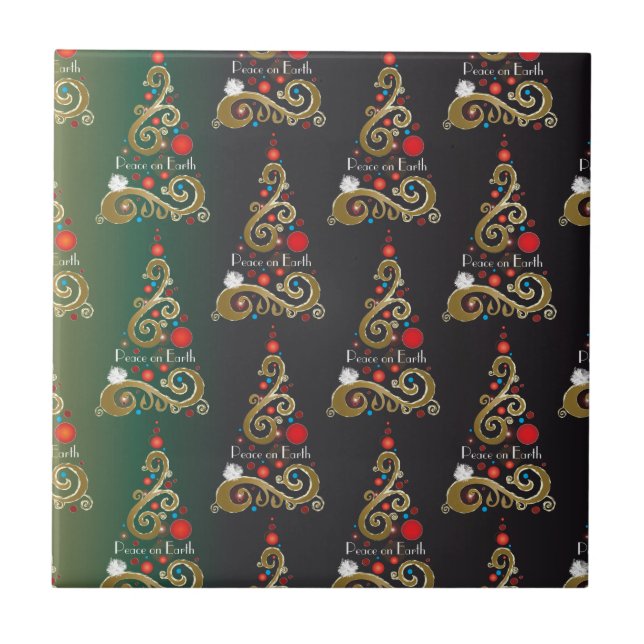 Holiday matte green gold Christmas tree pattern Tile (Front)