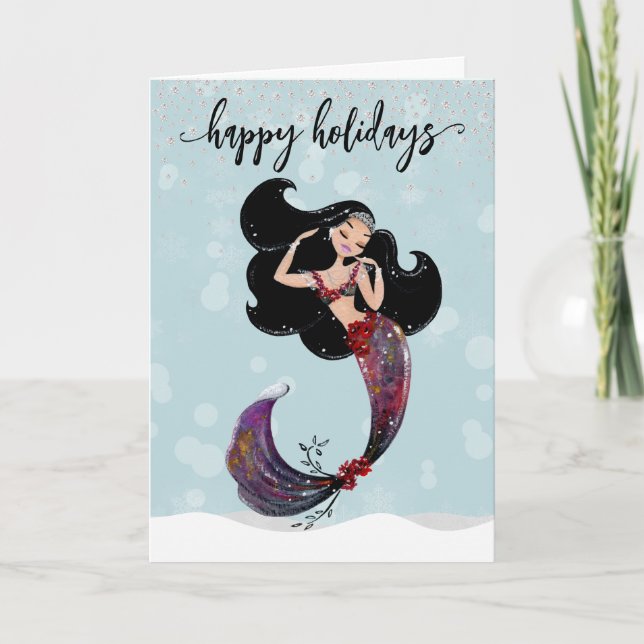 Holiday Mermaid Christmas Diamond Bling Card (Front)