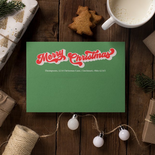 Holiday Merry Christmas Green Striped Whimsical  Envelope (Bold retro Merry Christmas Greeting, With return address printed on the back flap)