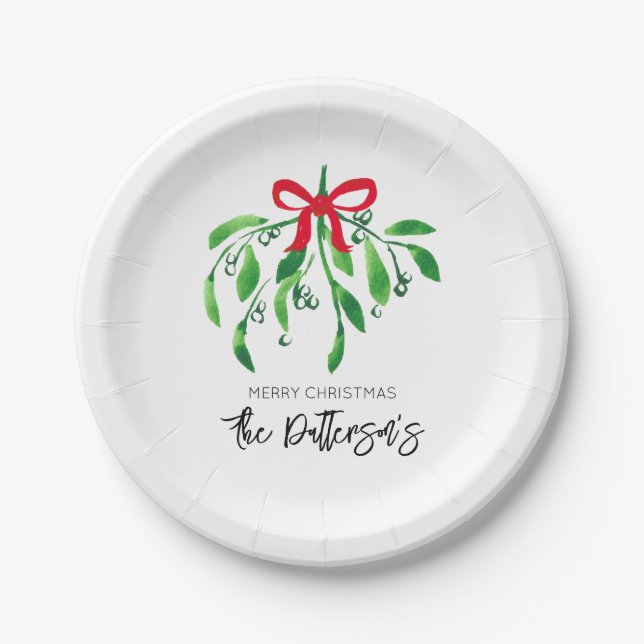Holiday Mistletoe Name Festive Red Green Fun Paper Plate (Front)