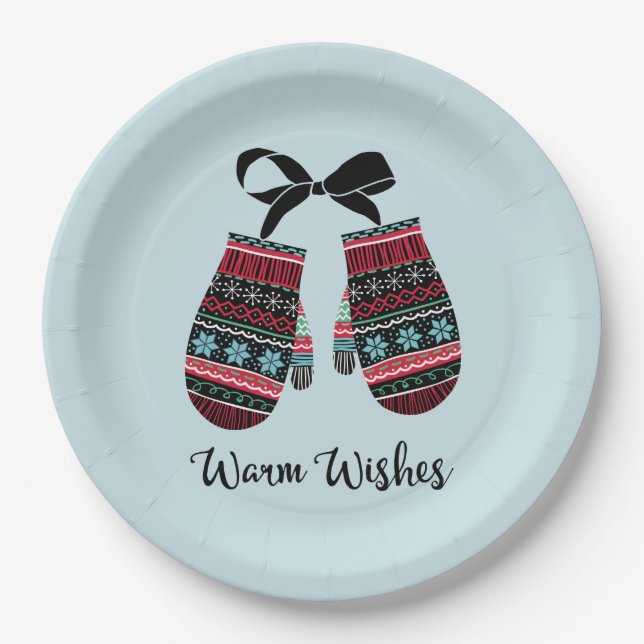 Holiday Mittens Warm Wishes Christmas Paper Plates (Front)