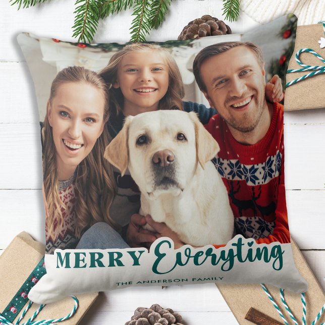 Holiday Modern Photo Personalised Family Christmas Cushion (Creator Uploaded)