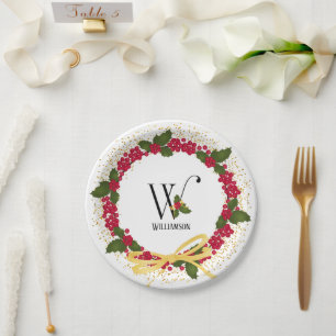 Holiday Monogram Initial W Personalised Paper Plate