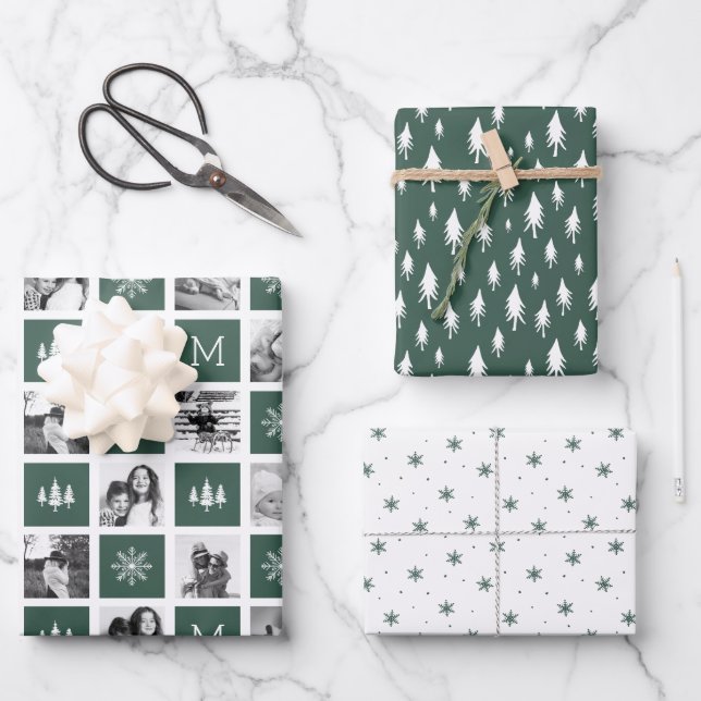 Holiday Monogram Photo Collage Wrapping Paper Sheet (Front)