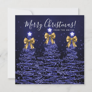 Holiday Navy Blue Christmas Trees Greeting Gold  Card
