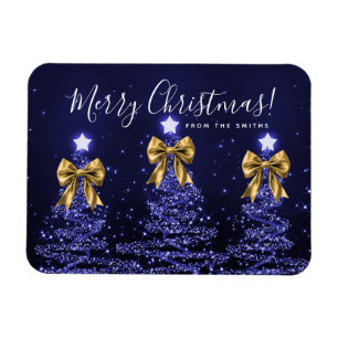 Holiday Navy Blue Christmas Trees Greeting Gold  Magnet