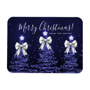 Holiday Navy Blue Christmas Trees Greeting Silver Magnet