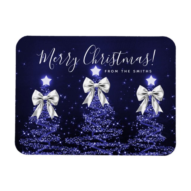 Holiday Navy Blue Christmas Trees Greeting Silver  Magnet (Horizontal)