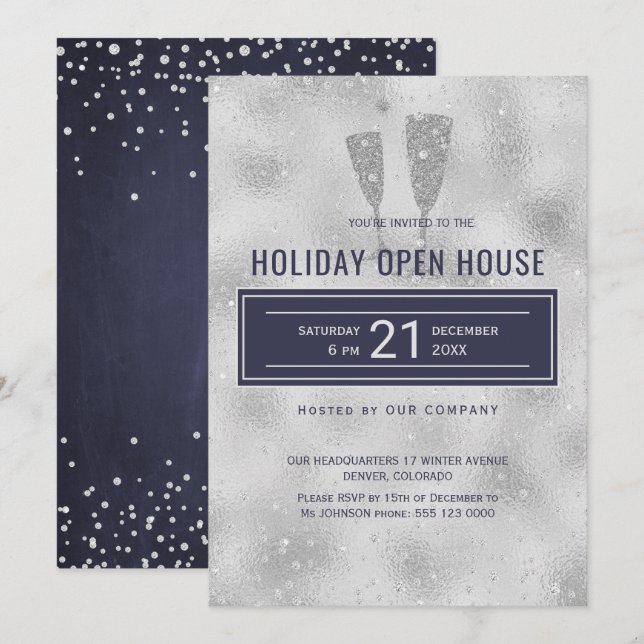 Holiday Open House Elegant Silver Navy Corporate Invitation (Front/Back)
