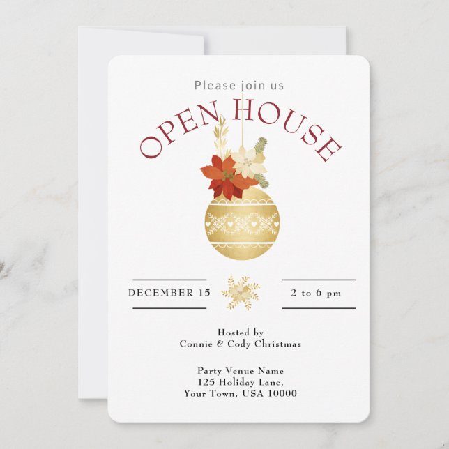 HOLIDAY OPEN HOUSE GOLD CHRISTMAS ORNAMENT INVITATION (Front)