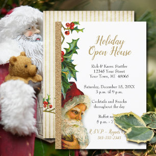 Holiday Open House Gold Glitter Santa Holly 5x7 Invitation