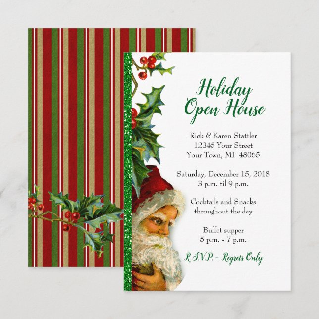 Holiday Open House Green Glitter Santa Holly Invitation (Front/Back)