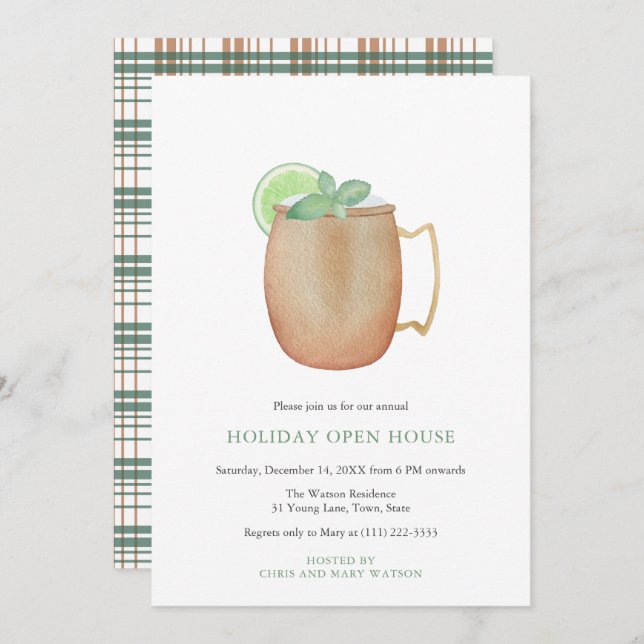 Holiday Open House Party Moscow Mule Watercolor Invitation (Front/Back)