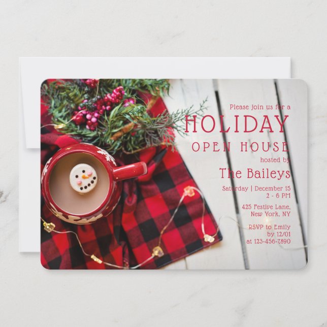 Holiday Open House Plaid Hot Chocolate | Christmas Invitation (Front)
