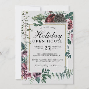 Holiday Open House Rustic Red Floral Invitation