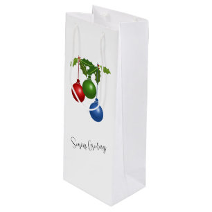 Holiday Ornaments And Holly Wine Gift Bag