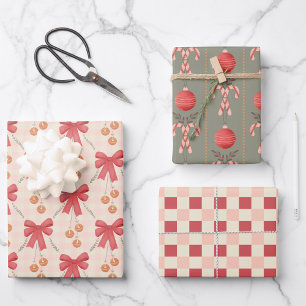Holiday ornaments, candy canes & red bows wrapping paper sheet