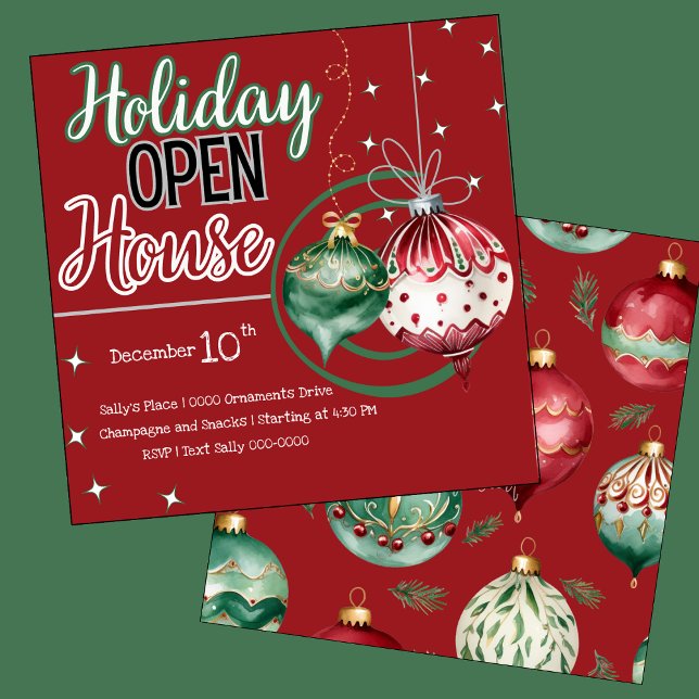 Holiday Ornaments Open House in Red and Green  Invitation (Holiday open house customizable invitation with Christmas ornaments in red, gold and green. )