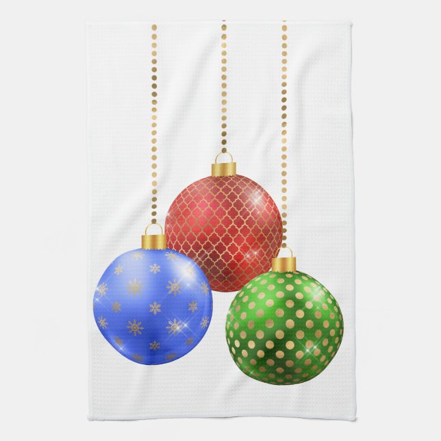 Holiday Ornaments Red Blue Green Gold Tea Towel (Vertical)