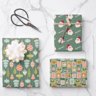 Holiday Ornaments, Santa Claus and Postage Stamps Wrapping Paper Sheet