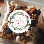 Holiday Our Favourite Things, Christmas Wreath Classic Round Sticker<br><div class="desc">A beautiful watercolor greenery and red berry wreath frames your message on this standout holiday sticker. The label tag has elegant typography,  and there is room to personalise.</div>