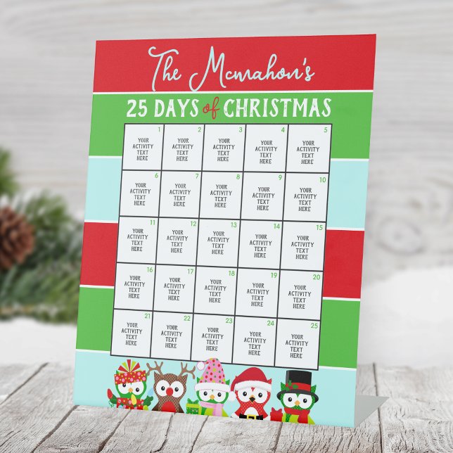 Holiday Owls 25 Days of Christmas Activity Pedestal Sign (25 Days of Christmas Holiday Activity Pedestal Sign.Cute Owls Design, Other Designs Available)