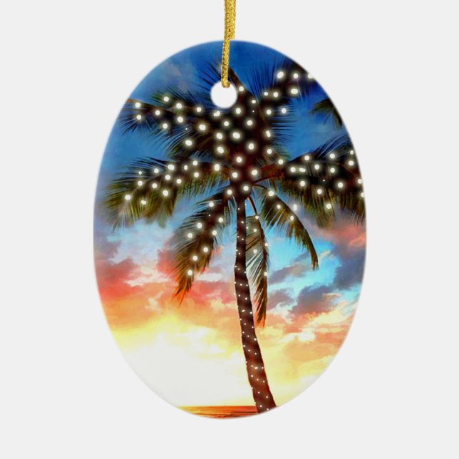 Holiday Palm Tree Lights at Sunset Ceramic Tree Decoration (Front)