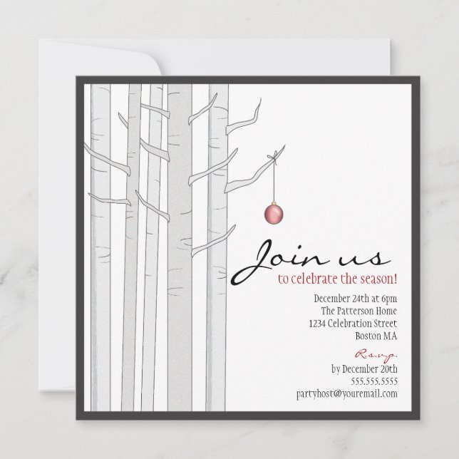 Holiday Party Birch Tree & Red Ornament Invitation (Front)