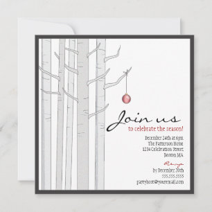 Holiday Party Birch Tree & Red Ornament Invitation