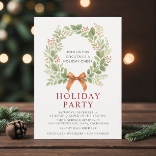 Holiday Party Christmas Watercolor Wreath Red Bow Invitation