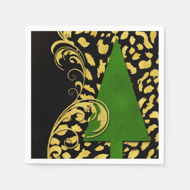 Holiday Party Elegance in Gold Black and Green Napkin (Front)