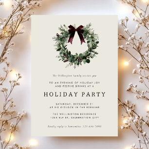 Holiday Party Festive Christmas Wreath Ribbon Invitation