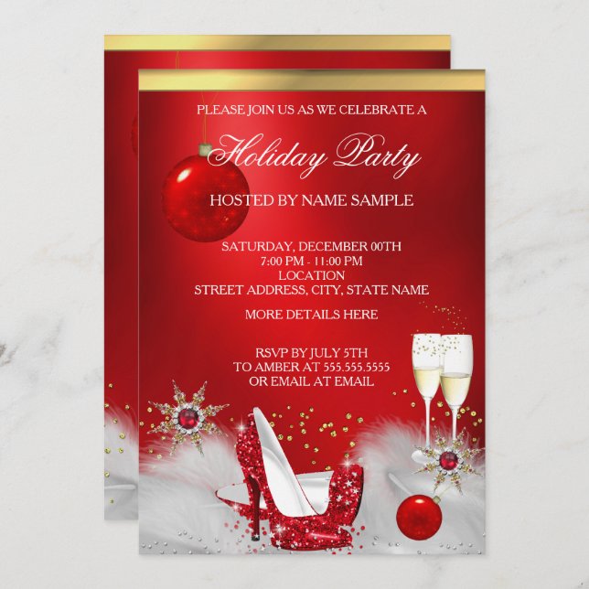Holiday Party Glitter Red High Heel Champagne Invitation (Front/Back)