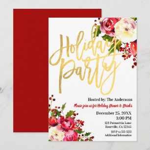 Holiday Party Gold Modern Script Floral Berries Invitation