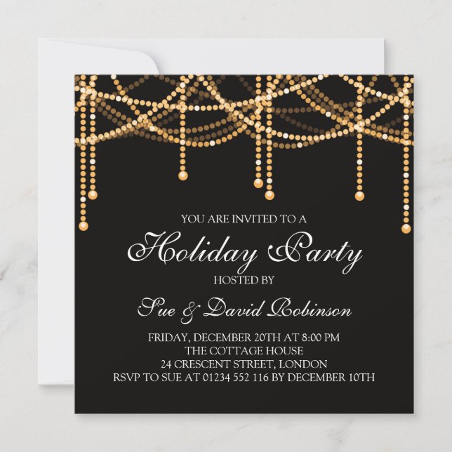 Holiday Party Gold String Lights Invitation (Front)