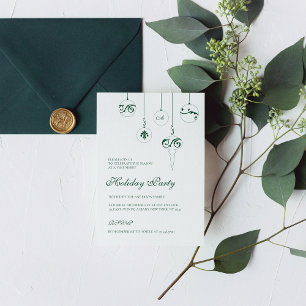 Holiday Party Green Monogram Bauble Ornaments Invitation