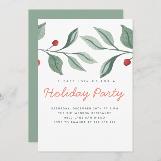 Holiday Party greenery leaf invitation (Front/Back)