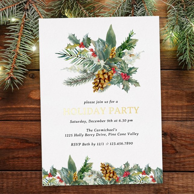Holiday Party Holly and Pine Cone Bouquet Gold  (Gold Foil Holiday Party invitation with holly and pine cones)