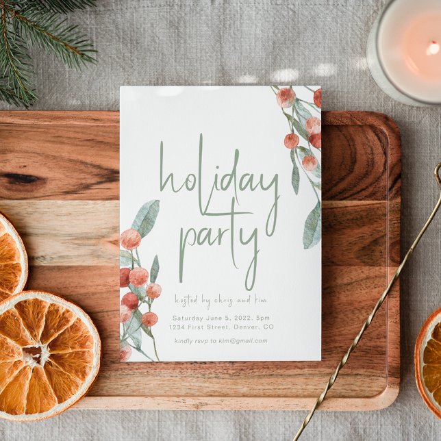 Holiday Party Invitation Template Greens & Berries (Creator Uploaded)